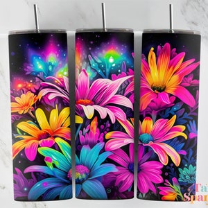 Neon gerbera lilies alcohol-ink glitter skinny tumbler wrap design with rainbow colors