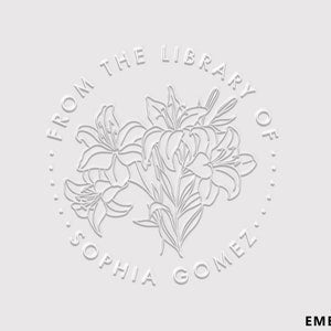 Floral embossing rubber stamp with circular text: FROM THE LIBRARY OF SOPHIA GOMEZ