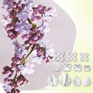 Floral silicone mold and cutters with lilac and white flower and leaf shapes