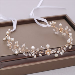Pearl and crystal bead hair vine headband with teardrop charms, silver-tone metal
