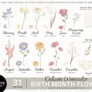 Watercolor birth month flower clipart bundle with monthly floral illustrations and dates