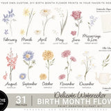 Watercolor Birth Month Flower Clipart, Floral PNG bundle, DIY Birth Month Flower Print Creator Kit, Flower Graphic, Botanical Clipart