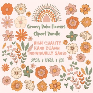 Boho floral clipart bundle with orange, pink, and cream flowers and leaves