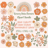 Groovy Boho Flowers Clipart Bundle, Boho Flowers Clipart SVG, Boho Flowers Clipart PNG, Floral illustration, Floral Clipart, Spring clipart