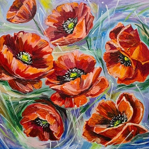 Red and orange poppy flowers with green stems canvas painting
