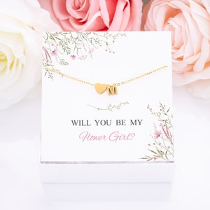 Gold-tone heart pendant necklace with card reading "Will you be my Flower Girl?"
