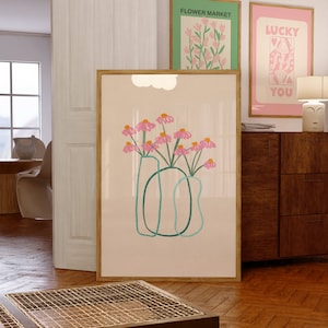 Floral art print with pink flowers in teal vases, framed, pastel background
