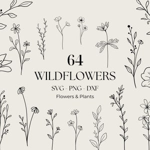 Minimalist wildflower bundle clipart set of 64 black line drawings