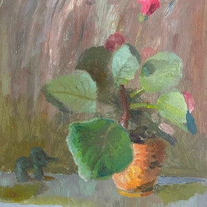 Oil painting still life with vase and green leaves, pink flowers, and soft brushstrokes