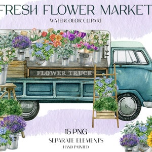 Watercolor flower market truck clipart with flower buckets and stand cart