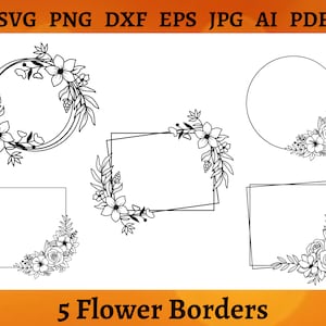 Set of five floral border frames with circular and rectangular outline designs, line art