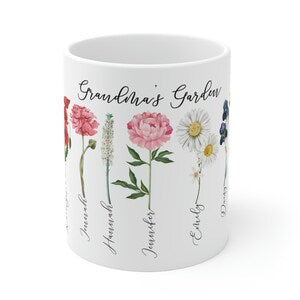 White ceramic coffee mug with garden flower print and cursive family names