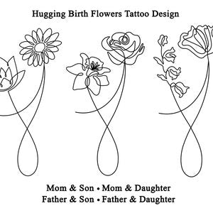 Birth flower hugging line art tattoo design, mom and son/daughter, bouquet stems