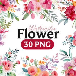 Watercolor flower PNG bundle with pink, purple, and teal blooms and leaves, 30 PNG