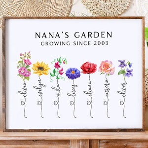Framed garden print with colorful bouquet flowers and cursive name lines, Nana's Garden at top