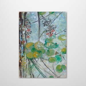 Impressionist oil painting of green water lilies on a light blue background