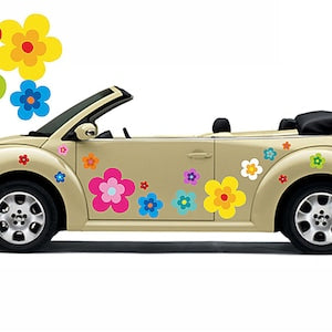 Colorful flower sticker decals on beige convertible bumper area