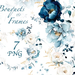 Watercolor blue floral bouquet set with flowers and decorative frames