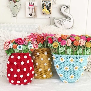 Crochet cushion covers set, red yellow blue with flower and polka-dot crochet details