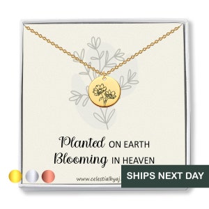Gold-tone memorial necklace with round birth-month flower pendant and 'Planted on Earth' text