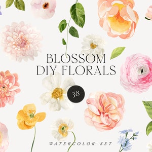 Watercolor floral clipart set with pink, peach, yellow and white blooms and green leaves