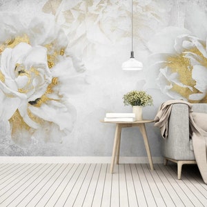 Peony peel-and-stick wallpaper mural with white flowers and gold foil accents