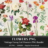 65 Vintage Flowers PNG Images, Fussy Cut Clipart, Digital Stickers for Note Apps, Junk Journals, Scrapbooking, Digital Download