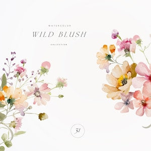 Watercolor wildflower floral clipart set with pink, purple, and peach blossoms
