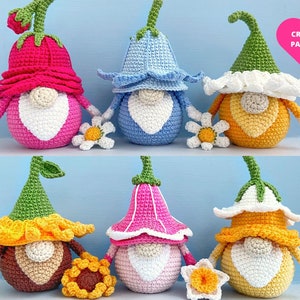 Crochet Pattern Flower Gnome Bundle, Spring garden gnomes PDF, Daisy, Sunflower, Bluebell, Petunia, Rose, Daffodil