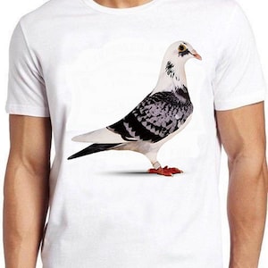 White graphic t-shirt with homing pigeon bird print on front