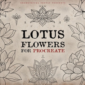 Geometric lotus flower tattoo flash designs on beige paper, line art set
