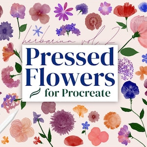 Digital pressed flower brushes and stamps kit with herbarium-style florals