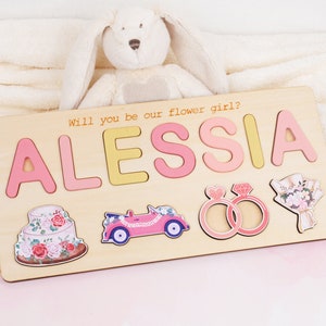 Personalized flower girl proposal puzzle board with custom name ALESSIA and 3 piece icons