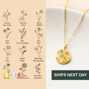 Gold tone birth month flower necklace with round engraved pendant on a chain
