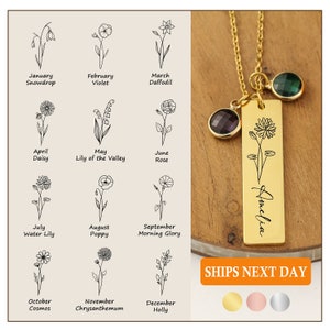 Gold birth month flower necklace with rectangular engraved pendant and three gemstone drops