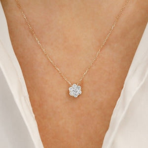 14k gold diamond flower cluster pendant on thin chain
