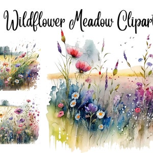 Watercolor wildflower meadow clipart with layered pink, blue, purple flowers and leaves