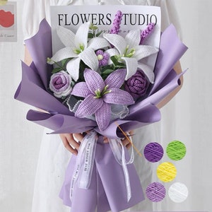Crochet lily flower bouquet, purple crochet blooms with lavender wrap and ribbons