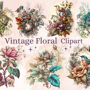 Vintage floral clipart pack with watercolor flowers and small birds