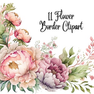 Pastel floral border clipart with roses, peonies, and greenery, hand-drawn style
