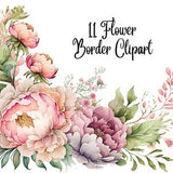 11 Flower border clipart, High Quality JPGs, Digital Download - Card Making, Mixed Media, Digital Paper Craft, Floral clipart