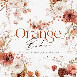 Boho floral frame design with orange and pink flowers, with 'Orange Boho' text