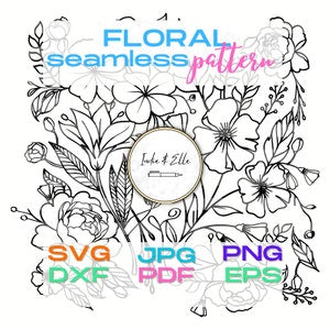 Floral seamless pattern digital design set with roses; SVG, DXF, JPG, PNG, EPS files