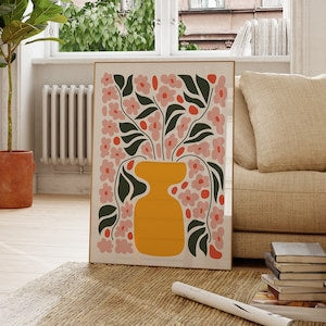 Abstract botanical flower poster with dark vase and orange blossoms, square wall art