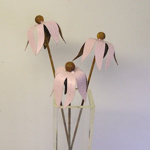 Set of 3 pink metal coneflower garden stakes with oval petals and round flower centers