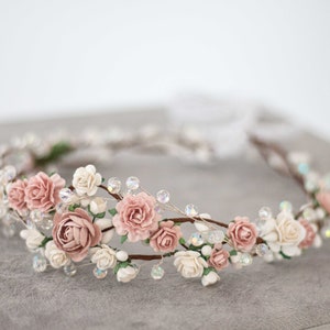 Dusty rose and cream floral crystal hair crown with small dangling beads