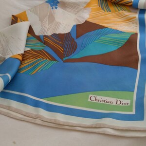 Vintage Christian Dior silk square scarf in blue with floral and striped patterns