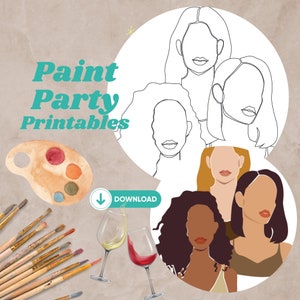Faceless portrait coloring page with three female face outlines, printable for paint party