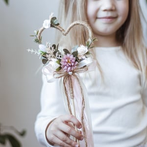 Boho flower girl wand with dried flowers, lace trim, and layered ribbons
