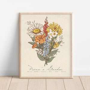 Framed birth flower bouquet garden print with mixed pressed-style flowers on beige